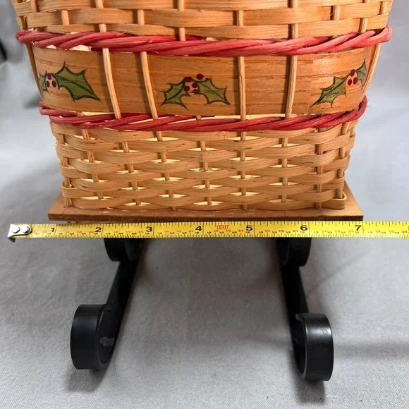 Handwoven Sleigh Basket Hand Painted Holly Band Cozy Cottage Holiday Decor - Picture 9 of 12